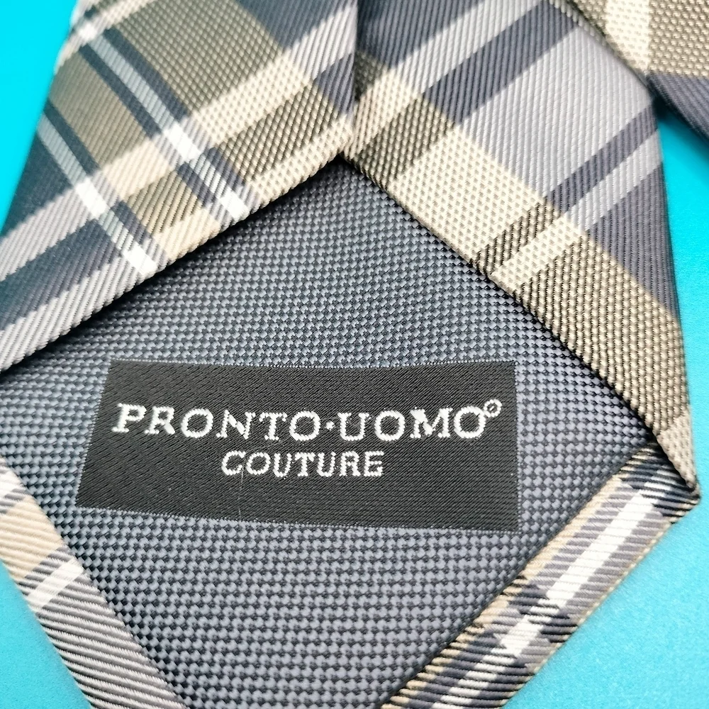 PRONTO UOMO COUTURE GRAY KHAKI CHECKS PLAID SILK NECKTIE TIE CLASSIC HANDMADE .T